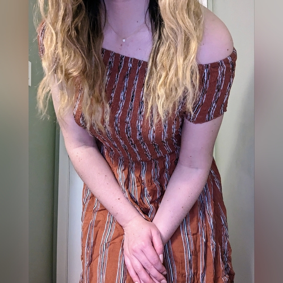 Mei Smocked Off the Shoulder Dress | Burnt Orange with Black & White Stripes - Picture 5 of 9